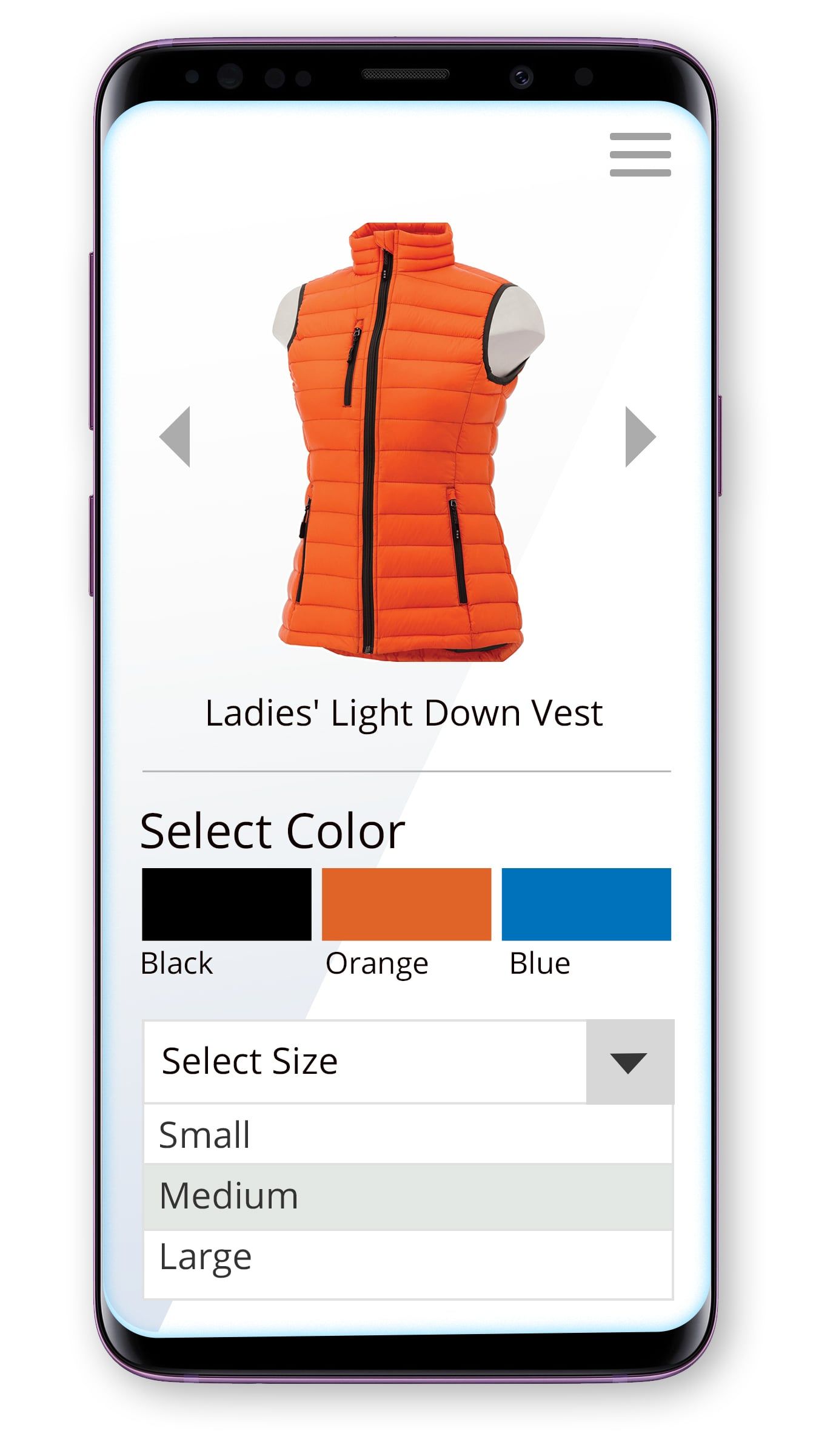 A mini store on a phone, showing a vest with colour and size selectors