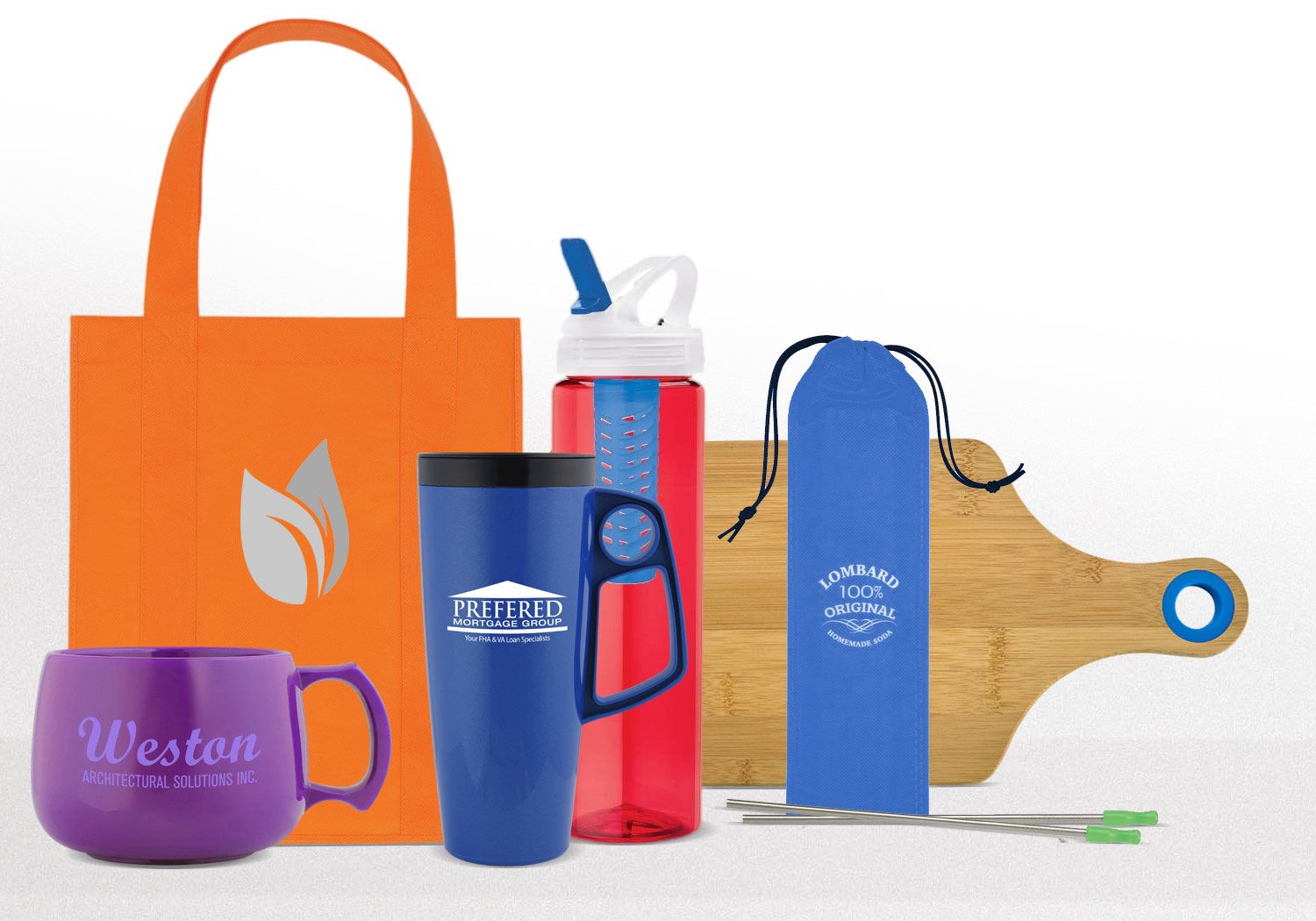 Eco-friendly bags, bottles, a bamboo board and a reusable straw