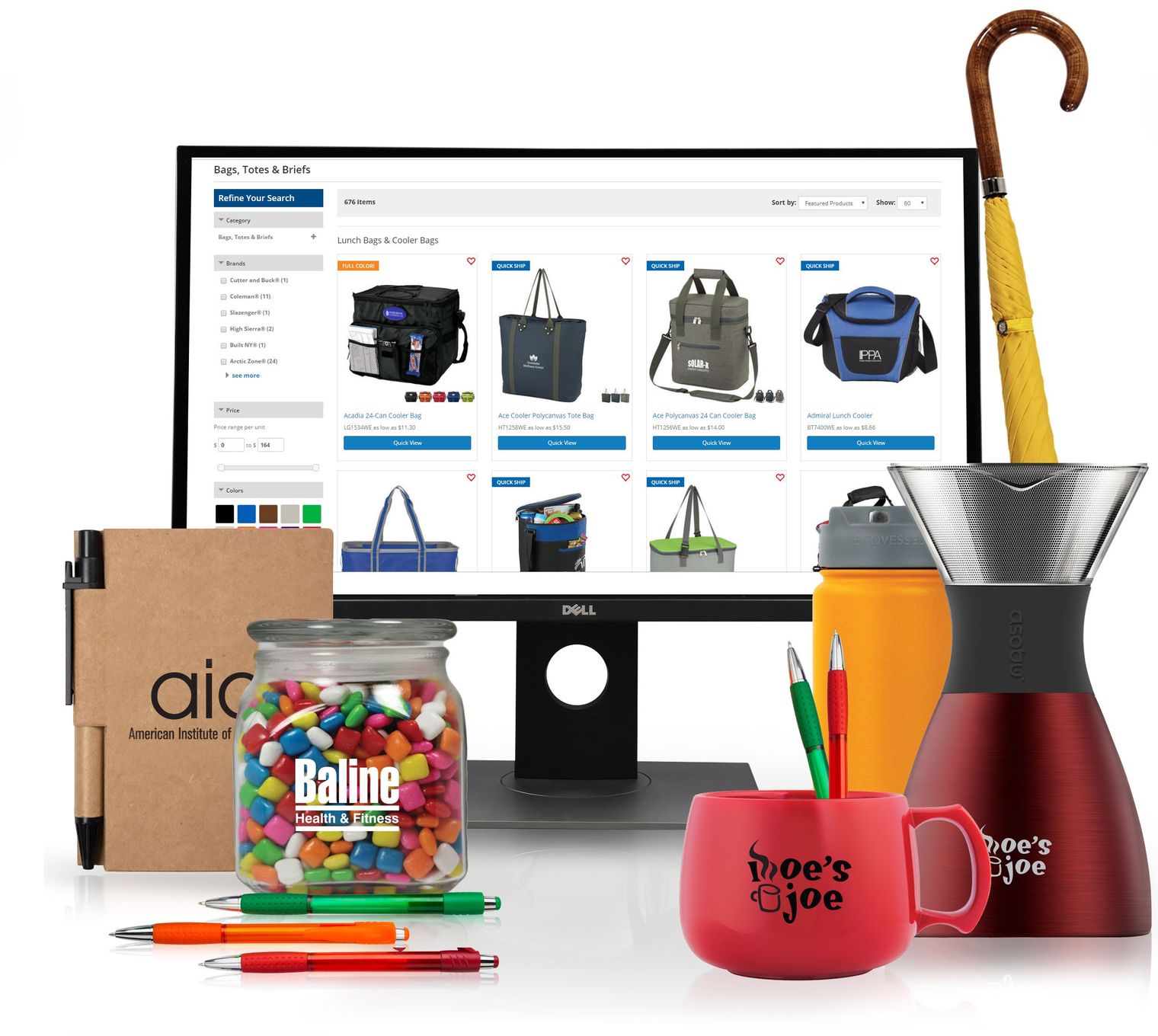 A branded company web store shown on a monitor, surrounded by promotional products