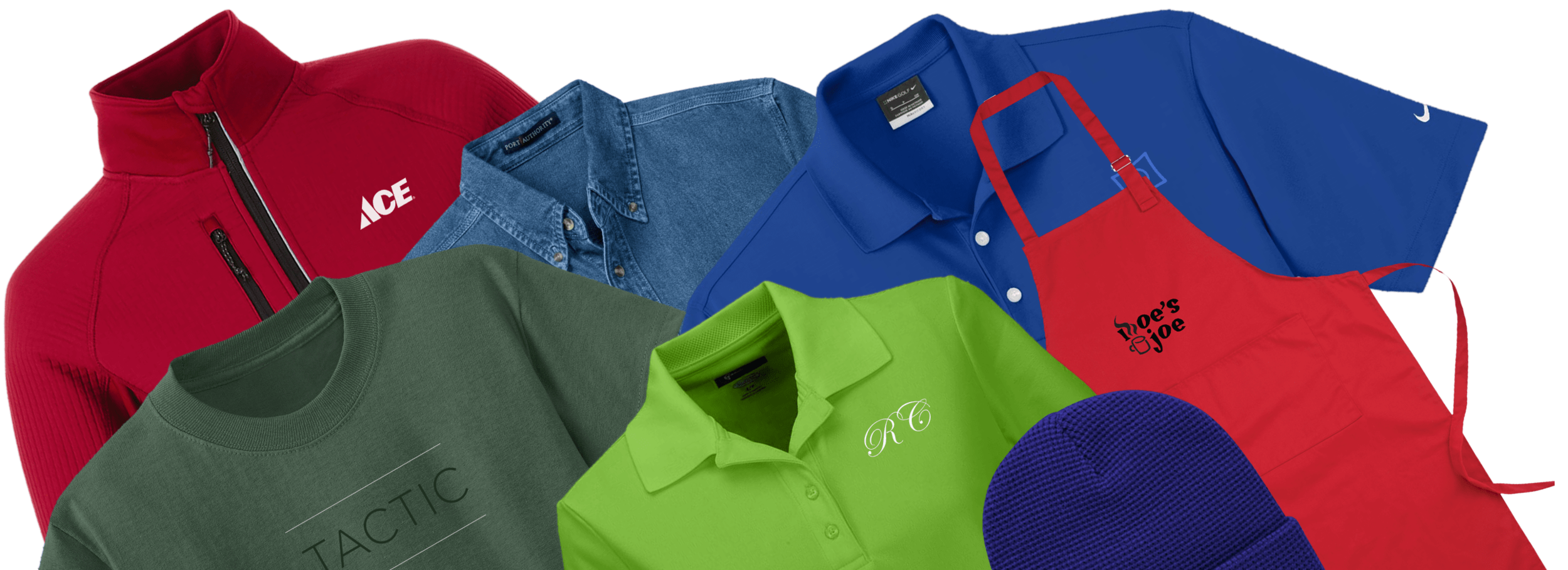 Branded polo shirts, quarter zips, aprons and caps