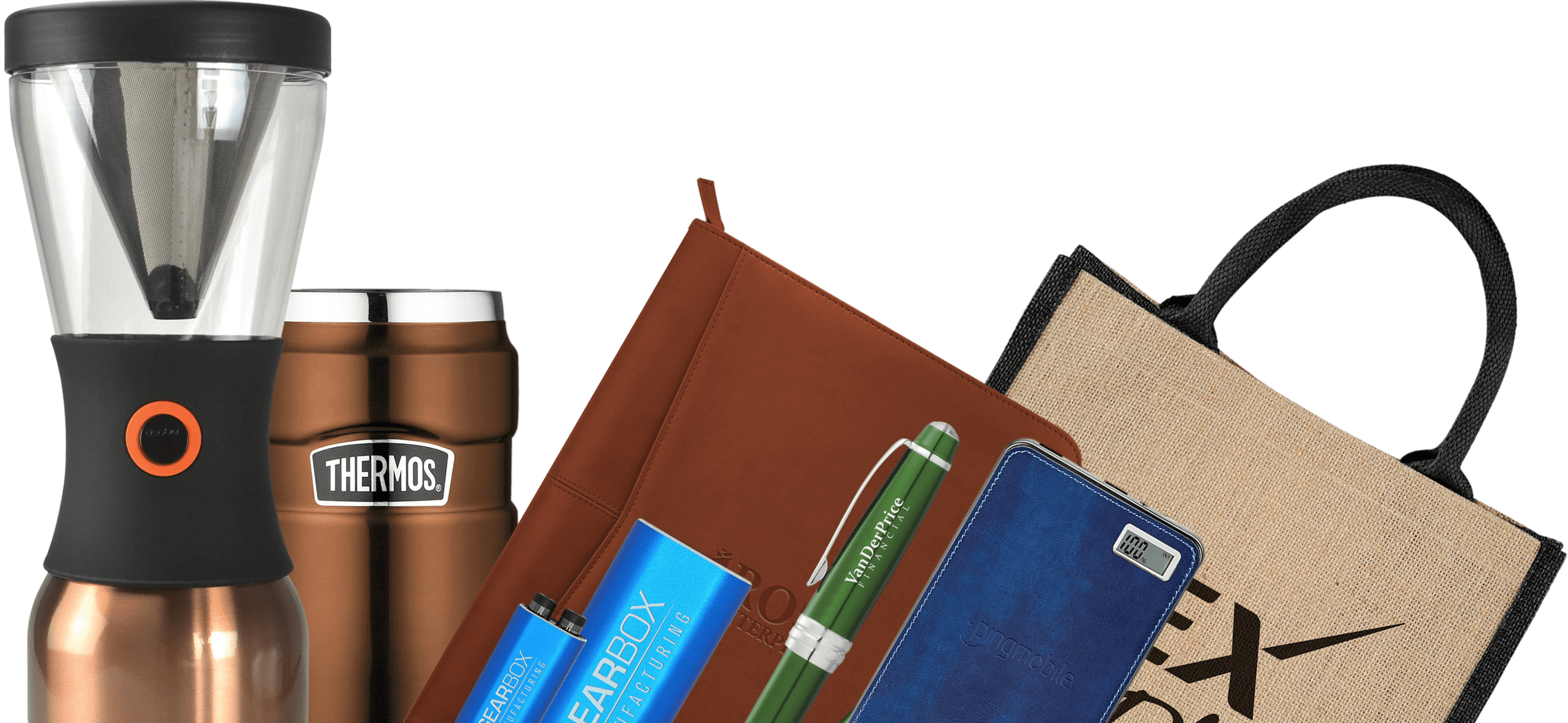 A selection of branded drinkware, bags, pens and tech accessories
